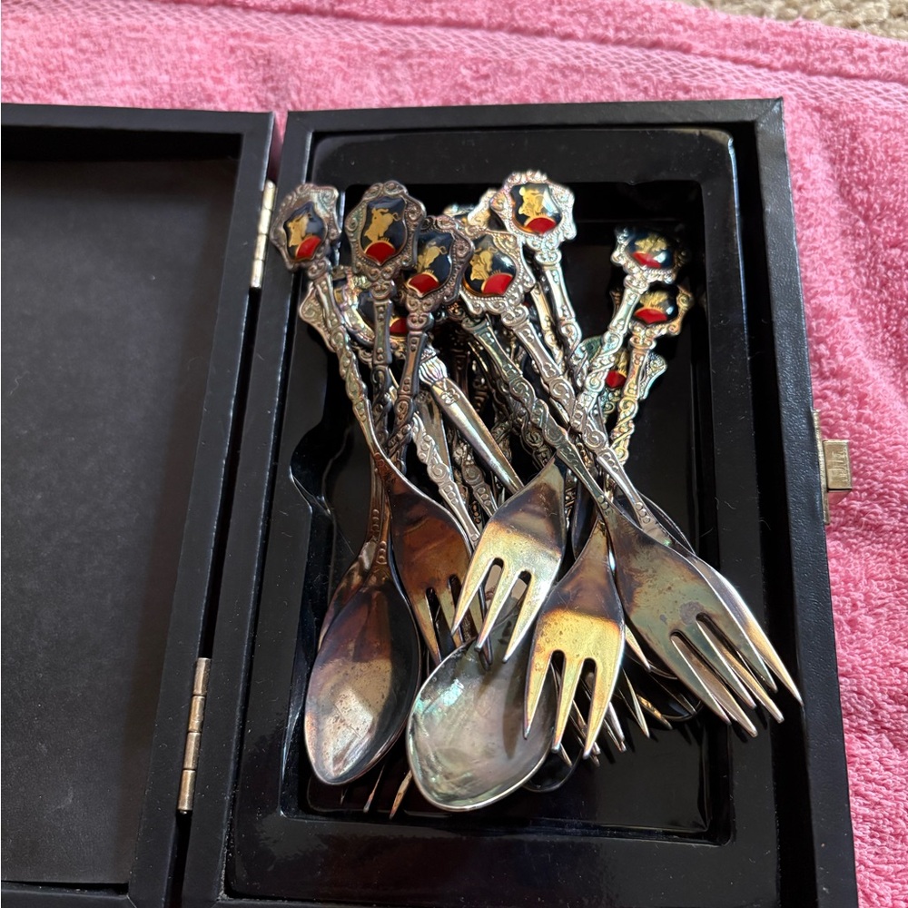 Vintage Silver and Enamel Fork and Spoon Set